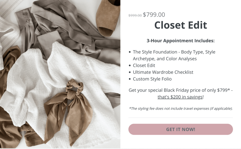 "Closet Edit" with Roxanne Carne | Personal Stylist. 3 hour appointment. Included The Style Foundations, Closet Edit, Ultimate Wardrobe checklist, and Custom Style Folio. Only $799!